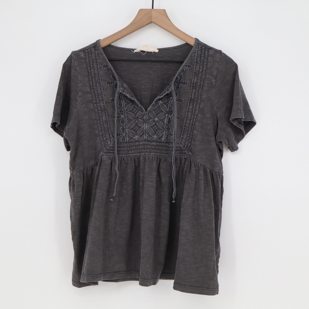 Lucky Brand Top Womens M Babydoll Charcoal Grey Embroidered Eyelet Excellent